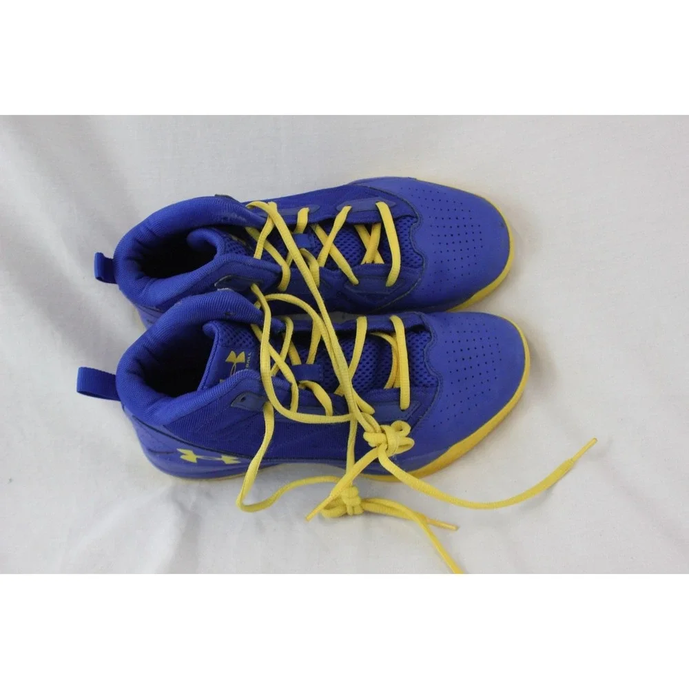 Under Armour 7Y Youth Basketball Shoes Blue Yellow High Top Sportswear Sneakers - Picture 9 of 13